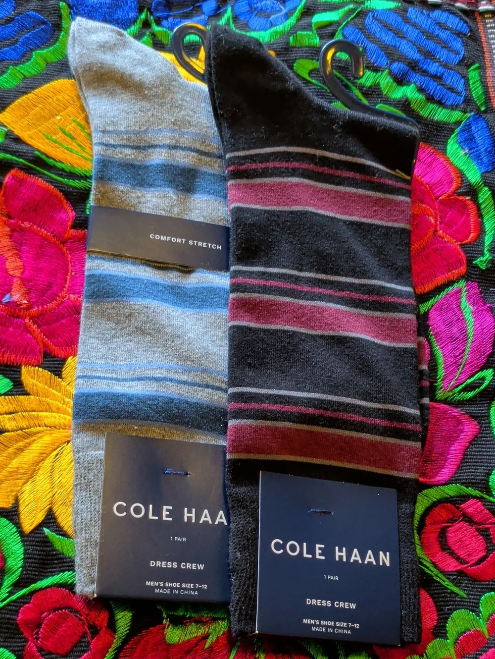 Cole Haan Gray & Blue and Black & Burgundy Striped Dress Crew Socks